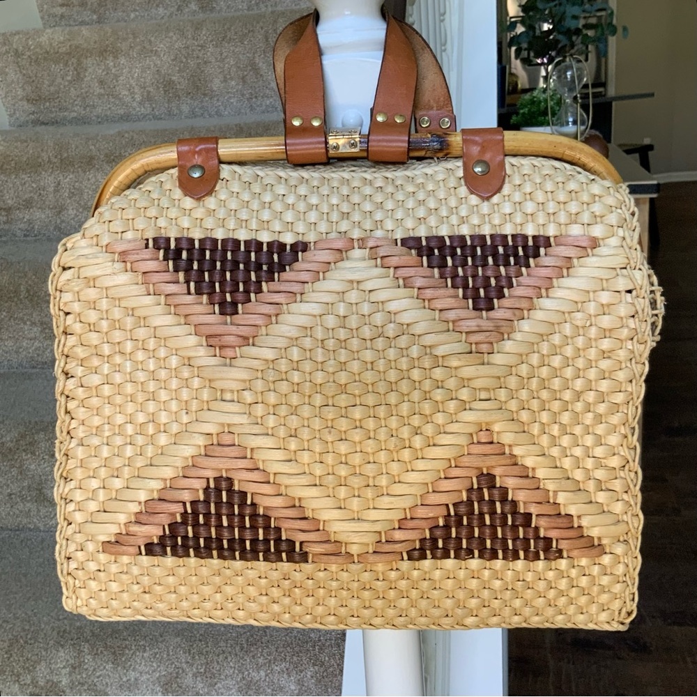 Vintage Wicker Weave Bag with Leather Handles
